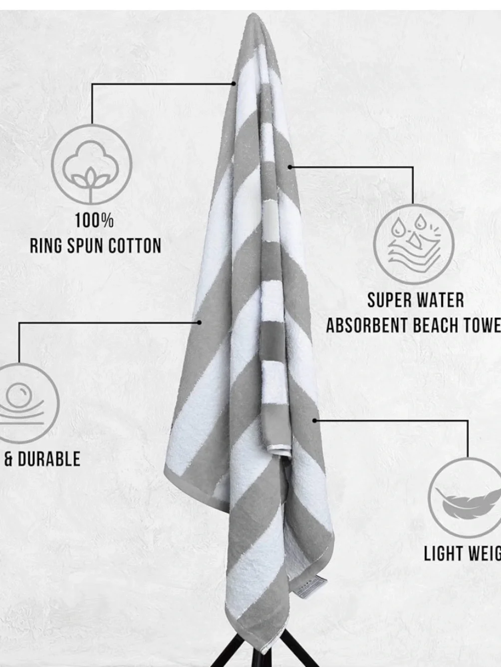 New Utopia Towels Cabana Beach Towels, 4 Pack, 30x60 in, Cotton, Striped, Grey